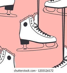 Hand drawn seamless pattern with Ice Skating Things. Winter Sport vector background. Actual fashion illustration. Original doodle style drawing. Creative ink art work