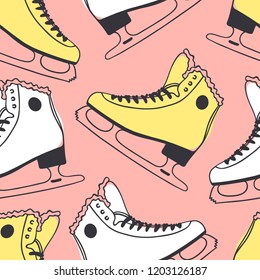 Hand drawn seamless pattern with Ice Skating Things. Winter Sport vector background. Actual fashion illustration. Original doodle style drawing. Creative ink art work