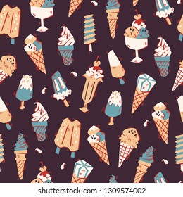 Hand Drawn Seamless Pattern with Ice Cream. Vector Doodle Illustration.