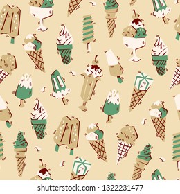 Hand Drawn Seamless Pattern with Ice Cream. Vector Doodle Illustration.