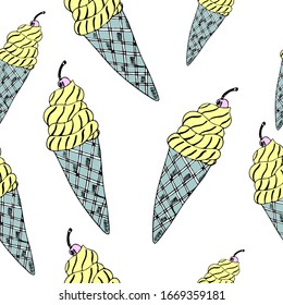 Hand drawn seamless pattern of ice cream. Vector illustration for fun summer design.