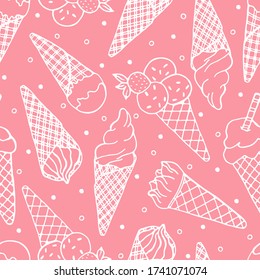 Hand drawn seamless pattern of ice cream horn, waffle cone, powder, chocolate, strawberry on a pink background. Sweet Illustration set for design card, invitation, wallpaper, wrapping paper, fabric