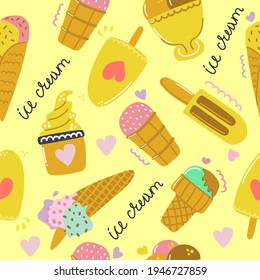 Hand drawn seamless pattern of ice cream. Cute and fun illustration for nursery design.