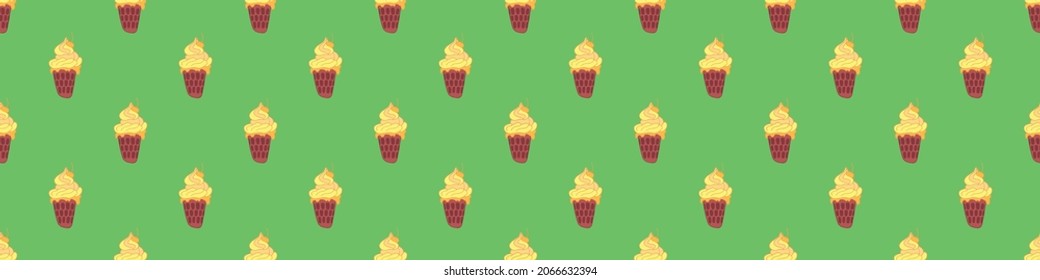 Hand drawn seamless pattern with ice cream. bright yellow ice cream pattern. Summer fashion. Cute fruit ice cream in green background. Print for web banner,web page, clothes, fabric, gift wrap, covers
