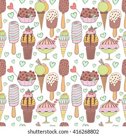 Hand drawn seamless pattern with ice cream and hearts. Vector sketch illustration, doodle elements. Sweet and cold dessert menu.