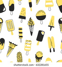 Hand drawn seamless pattern with ice cream. Vector artistic drawing food. Summer fashion illustration