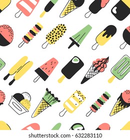 Hand Drawn Seamless Pattern With Ice Cream. Vector Artistic Drawing Food. Summer Fashion Illustration