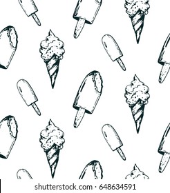 hand drawn seamless pattern with ice cream. summer theme. contour vintage illustration