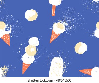 Hand drawn seamless pattern with ice-cream. Sweet summer print fabric, wrap paper or wallpaper. Bright background with different types of ice cream for cafe or restaurant menu.