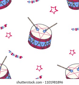 Hand drawn seamless pattern illustration of circus tin hell drum with drumsticks, pentagram and letters halloween party. Isolated vector on a white background.