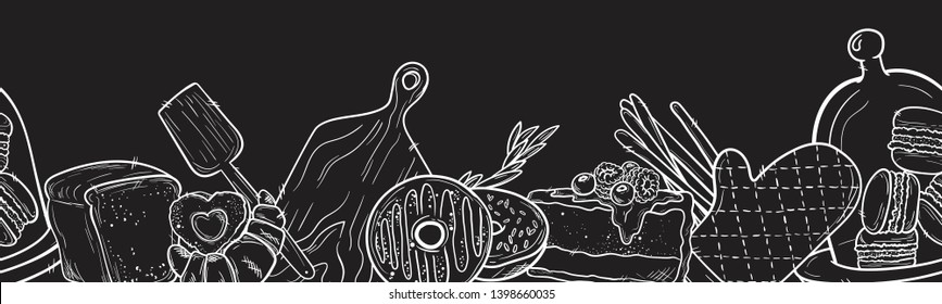 Hand drawn seamless pattern illustration on blackboard . Vintage pastry, desserts, cakes, wheat, bread sketches for bakery shop or cafeteria. Vector graphic, stylized image set element for menu