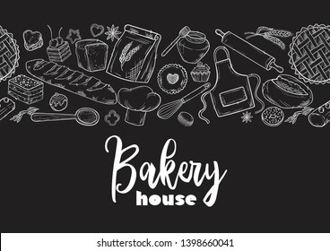 Hand drawn seamless pattern illustration on blackboard . Vintage pastry, desserts, cakes, wheat, bread sketches for bakery shop or cafeteria. Vector graphic, stylized image set element for menu