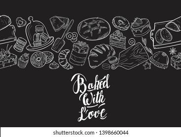 Hand drawn seamless pattern illustration on blackboard . Vintage pastry, desserts, cakes, wheat, bread sketches for bakery shop or cafeteria. Vector graphic, stylized image set element for menu