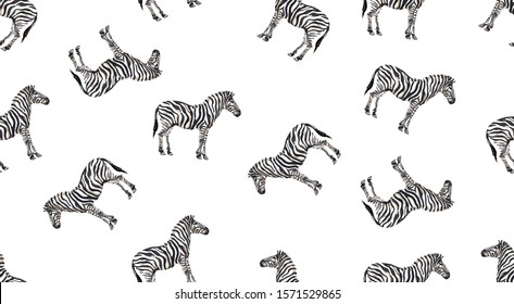 Hand Drawn Seamless Pattern Illustration With Safari Animals. Cute African Zebra