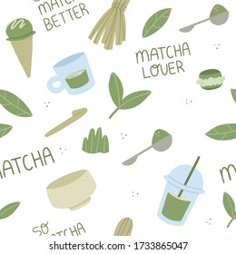 Hand drawn Seamless pattern illustration with matcha tea and sweets with matcha. Doodle drawing. Vector image isolated on white background.