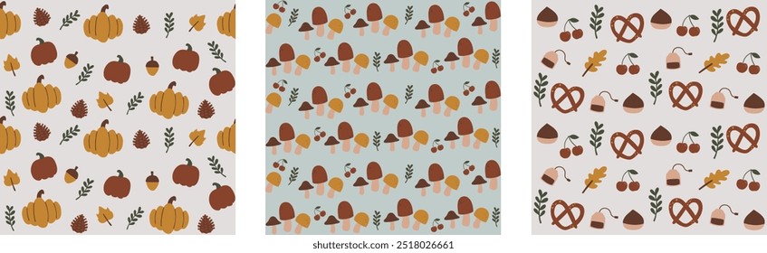 Hand drawn seamless pattern illustration collection set of cute autumn holiday. Pastel hand drawn concept. For wallpaper, texture, background, gift wrap, print, background, textile, card