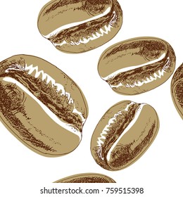 Hand drawn seamless pattern illustration of coffee beans on the transparent background
