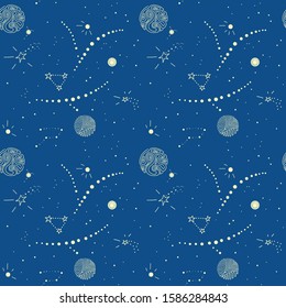 Hand drawn seamless pattern with the image of the cosmos. The cosmic Constellation of galaxies, planets, stars. Astronomical background, Starry sky . For fabric, the stars of the zodiac, cap, phone