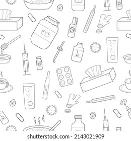 Hand drawn seamless pattern with the image of remedies that help during colds, flu. Doodle style. Vector.