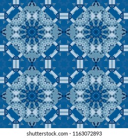 Hand drawn seamless pattern. Indian, Arabic, Turkish motifs. Abstract colorful mosaic style. Vector patchwork quilt pattern in blue and black colors. Vintage decorative elements.