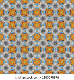 Hand drawn seamless pattern. Indian, Arabic, Turkish motifs. Vintage decorative elements. Abstract colorful mosaic style. Vector patchwork quilt pattern in gray, yellow and blue colors.