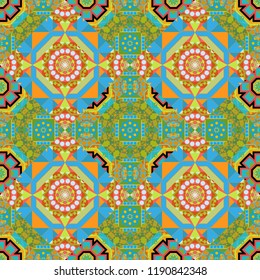 Hand drawn seamless pattern. Indian, Arabic, Turkish motifs. Vintage decorative elements. Abstract colorful mosaic style. Vector patchwork quilt pattern in green, orange and blue colors.