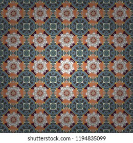 Hand drawn seamless pattern. Indian, Arabic, Turkish motifs. Abstract colorful mosaic style. Vector patchwork quilt pattern in magenta, gray and blue colors. Vintage decorative elements.