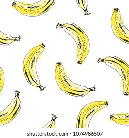Hand drawn seamless pattern. Ink sketch and watercolor stain bananas. Summer fruit background.