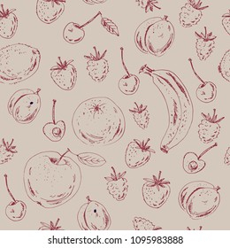 Hand drawn seamless pattern. Ink sketch fruits and berries on craft paper. Banana, apple, orange, strawberry, cherry, raspberry, plum, kiwi, apricot. Summer fruit background in black and white.