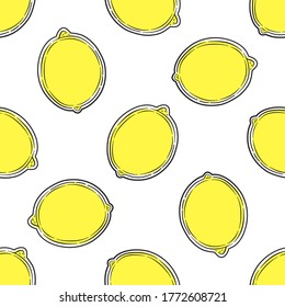 Hand drawn seamless pattern. Ink sketch and watercolor stains lemons. Citrus fruit background.