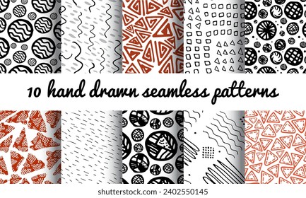 Hand Drawn Seamless Pattern, Ink Brush Doodle Repeat, Line, Dots Scandinavian Abstract Art Tile, Hand Drawn Seamless Texture Set