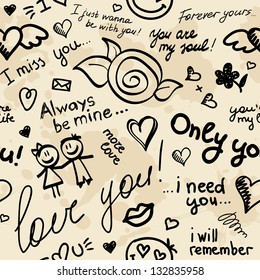 hand drawn seamless pattern with inscriptions about love