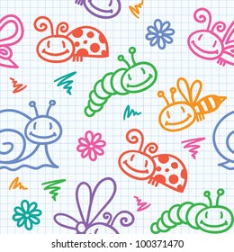 hand drawn seamless pattern with insects and snails