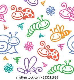 hand drawn seamless pattern with insects and snails