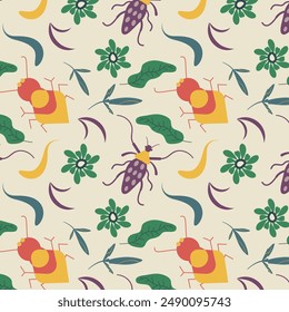 Hand drawn seamless pattern with insects and flowers botanical background