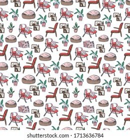 Hand drawn Seamless pattern. Interior, furniture, potted flowers, flower shelves, comfortable chair, ottoman, books. Vector illustration in doodle color style. Background for posters, textiles.