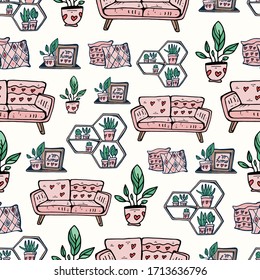 Hand drawn Seamless pattern. Interior, furniture, potted flowers, flower shelves, photo frames, pillows. Vector illustration in doodle color style. Background for posters, textiles, wallpaper.