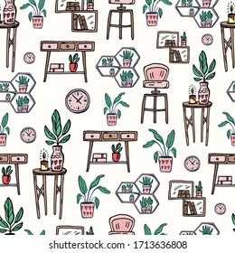 Hand drawn Seamless pattern. Interior, furniture, bedside table, coffee table, bar chair, clock, flowers. Vector illustration in doodle color style. Background for posters, textiles, wallpaper.