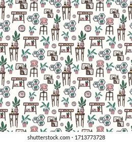 Hand drawn Seamless pattern. Interior, furniture, potted flowers, flower shelves, photo frames, pillows. Vector illustration in doodle color style. Background for posters, textiles, wallpaper.