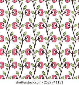 Dibujado a mano sin patrón con entrelazado de ramas con flores. Impresión romántica encantadora de la moda de la Vertical para el fondo, diseño de vacaciones, Fondo de pantalla, tela