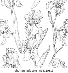 Hand drawn seamless pattern with iris flowers and leaves. Black and white doodle monochrome floral elements. Vector sketch.