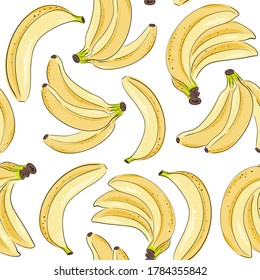 Handgezeichnet nahtloses Muster isolierter Bananen. Farbenprächtige Kunst. Köstliche tropische vegetarische Objekte. Verwendung für Restaurant, Speisekarte, Smoothie Schüssel, Markt, Geschäft, Party Dekoration, Essen. Obsttextilien
