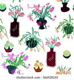 Hand drawn seamless pattern with isolated flowering cactus , epiphyllum in pot and bank on white background. 