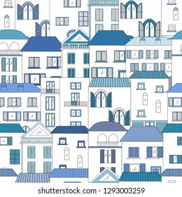Hand drawn seamless pattern of Italian style houses. Old town vector illustration. 