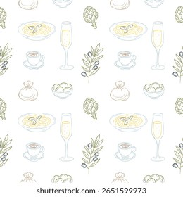 Hand drawn seamless pattern with Italian food and drinks. Pasta, cappuccino, olives, artichokes, burrata. Elegant culinary background for kitchen, restaurant textile, packaging, branding.