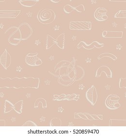 Hand drawn seamless pattern with Italian Pasta Types. Vector texture of different types of noodle.