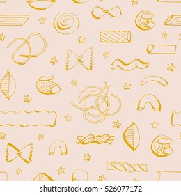 Hand drawn seamless pattern with Italian Pasta Types. Vector texture of different types of noodle.