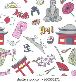 Hand drawn seamless pattern with Japan symbols - Kimono sakura flag buddha rice sushi stone garden rice origami geisha. Stickers, pins and patches in line style.