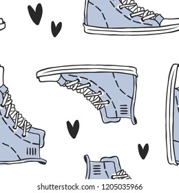 Hand drawn seamless pattern with Jeans Shoes. Fashion vector background. Actual illustration Denim Wear. Original doodle style drawing Clothes. Creative ink art work