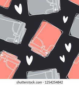 Hand drawn seamless pattern with Jeans wear. Fashion vector background. Actual illustration Denim Outfit. Original doodle style drawing Clothes. Creative ink art work